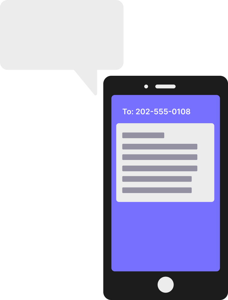 Illustration of a mobile phone displaying a text message and number on its screen, with a speech bubble coming out from outside the phone, symbolizing communication or notification.